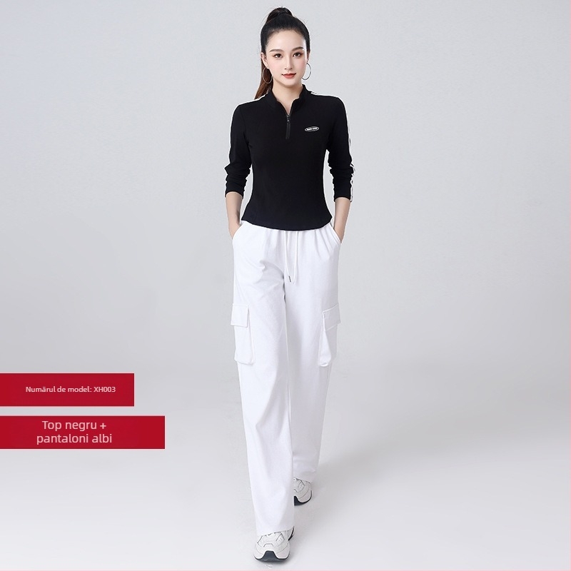 Set de dans pătrat pentru femei — Bluza cu mâneci lungi, fermoar parțial și pantaloni, bumbac 92%, potrivit primăvara, toamna și iarna