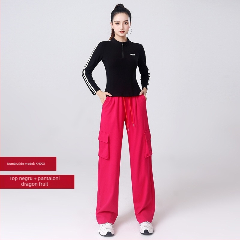 Set de dans pătrat pentru femei — Bluza cu mâneci lungi, fermoar parțial și pantaloni, bumbac 92%, potrivit primăvara, toamna și iarna