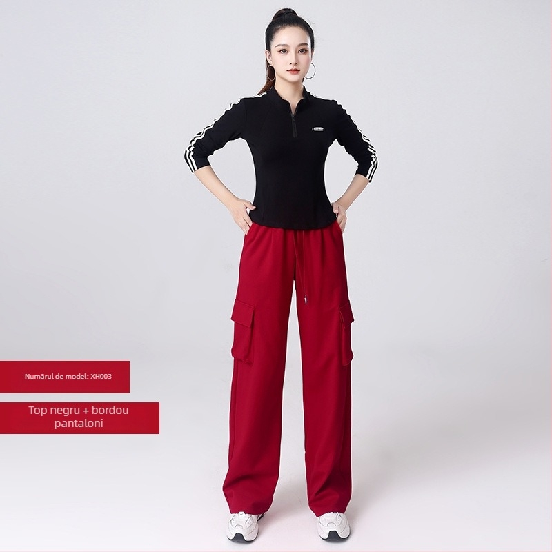 Set de dans pătrat pentru femei — Bluza cu mâneci lungi, fermoar parțial și pantaloni, bumbac 92%, potrivit primăvara, toamna și iarna