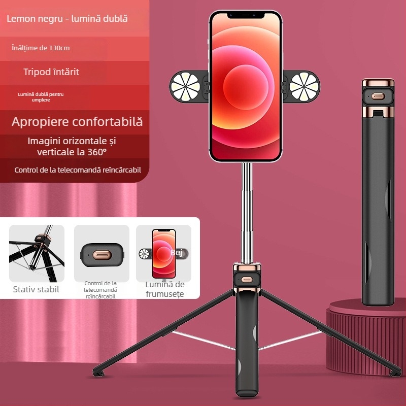 M03S trepied cu patru picioare și selfie stick Bluetooth cu lumină LED pentru fotografii; Material: oțel inoxidabil + ABS; Telecomandă; Model: M03/M03S