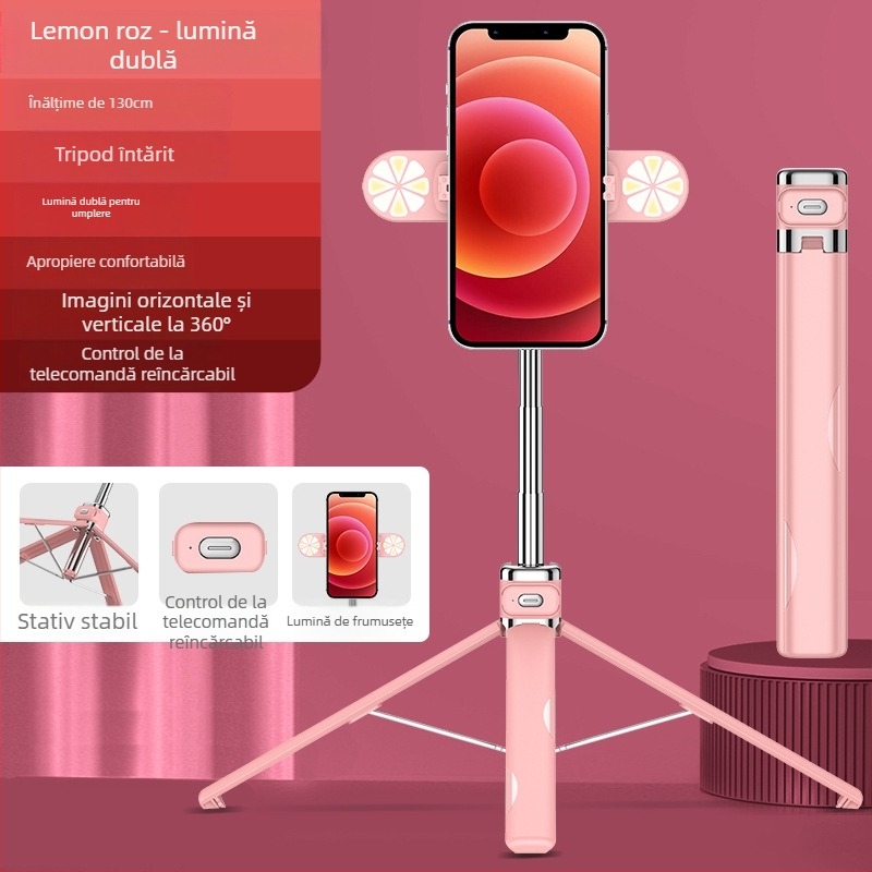 M03S trepied cu patru picioare și selfie stick Bluetooth cu lumină LED pentru fotografii; Material: oțel inoxidabil + ABS; Telecomandă; Model: M03/M03S