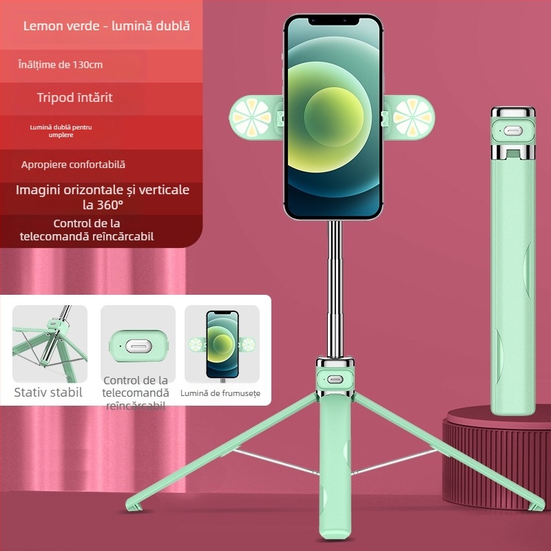 M03S trepied cu patru picioare și selfie stick Bluetooth cu lumină LED pentru fotografii; Material: oțel inoxidabil + ABS; Telecomandă; Model: M03/M03S