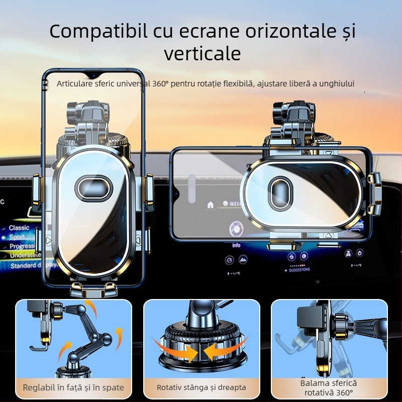 Suport pentru telefon auto – universal, montaj cu ventuză, compatibil cu parbrizul și bordul, fără alimentare