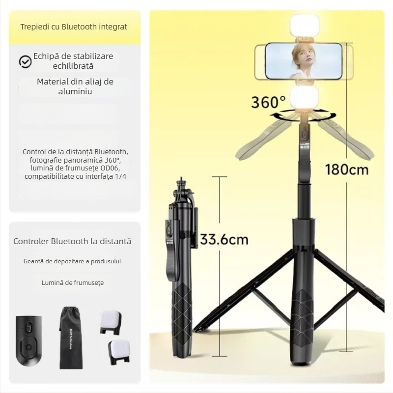 Selfie stick extins cu trepied, stabilizare Bluetooth, suport pentru telefon pe podea telescopic, personalizare logo, telecomandă inclusă