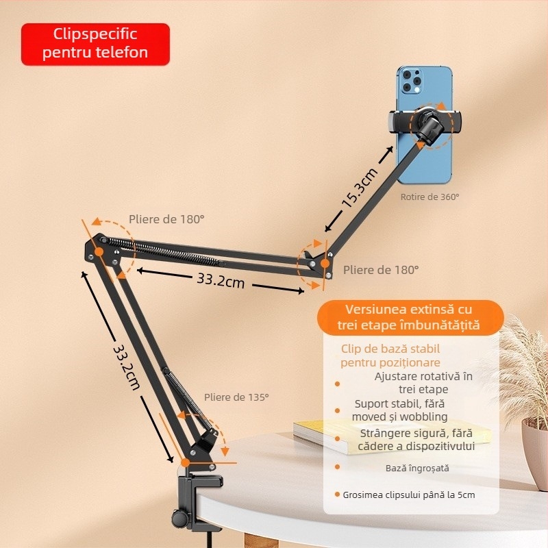 Suport pentru telefon și tabletă pentru noptieră, reglabil, montaj fără găuri, metal + ABS