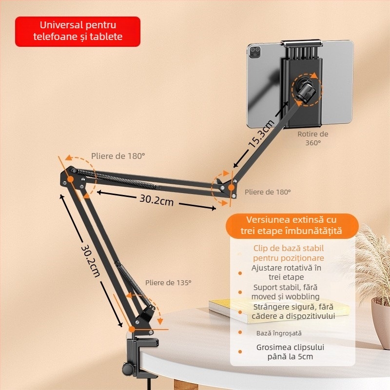 Suport pentru telefon și tabletă pentru noptieră, reglabil, montaj fără găuri, metal + ABS