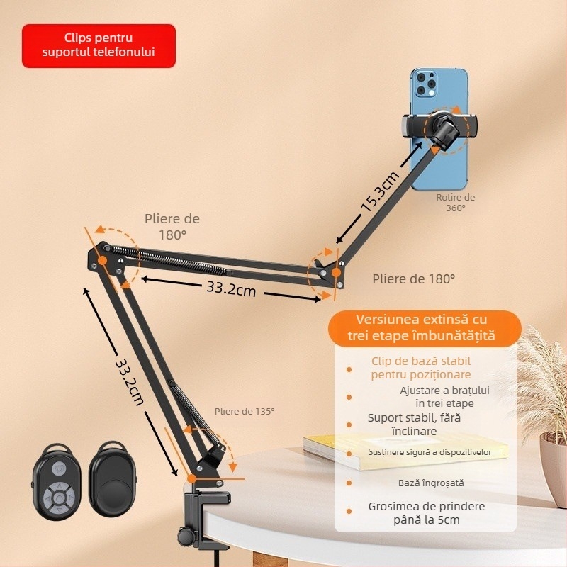 Suport pentru telefon și tabletă pentru noptieră, reglabil, montaj fără găuri, metal + ABS