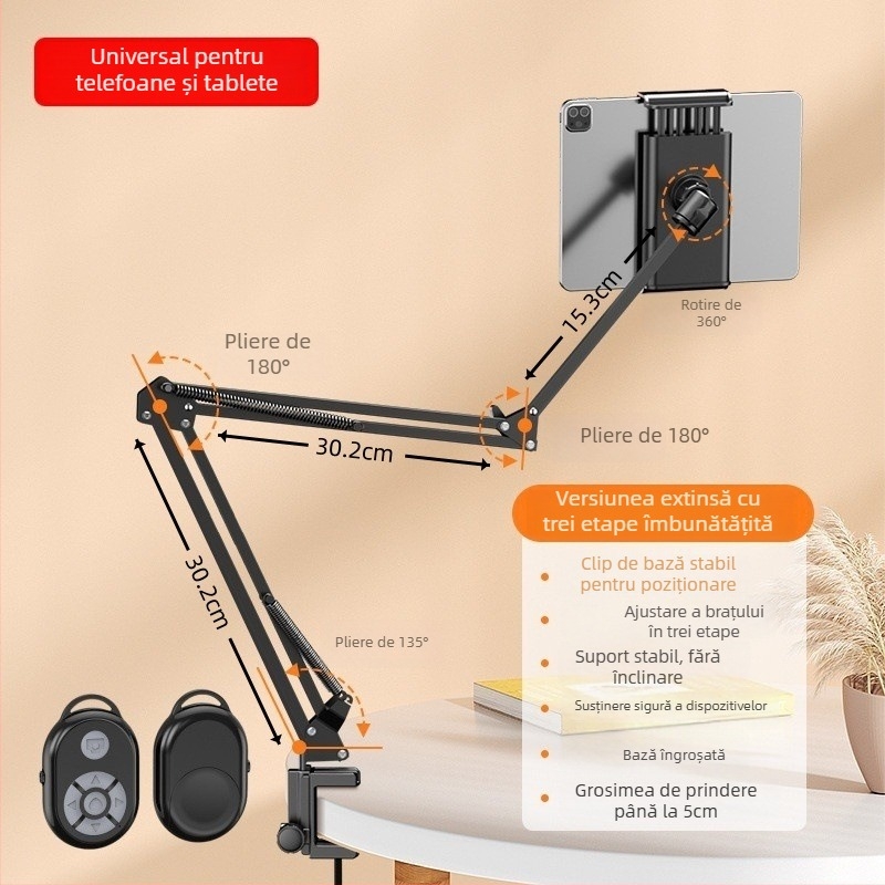 Suport pentru telefon și tabletă pentru noptieră, reglabil, montaj fără găuri, metal + ABS