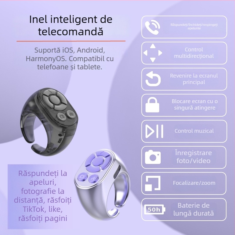 Dispozitiv Bluetooth multifuncțional pentru selfie cu declanșare video și telecomandă inelară, fără fir