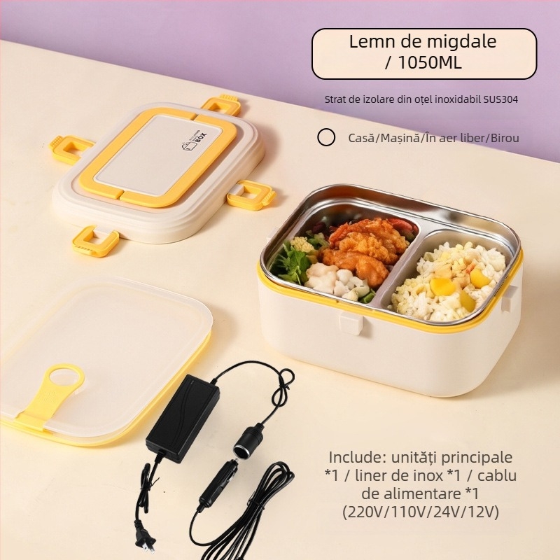 Cutie de prânz din oțel inoxidabil 304, izolată, încălzire prin conectare la priză, capacitate 0,8–1,0 L, sigilată cu grile despărțitoare