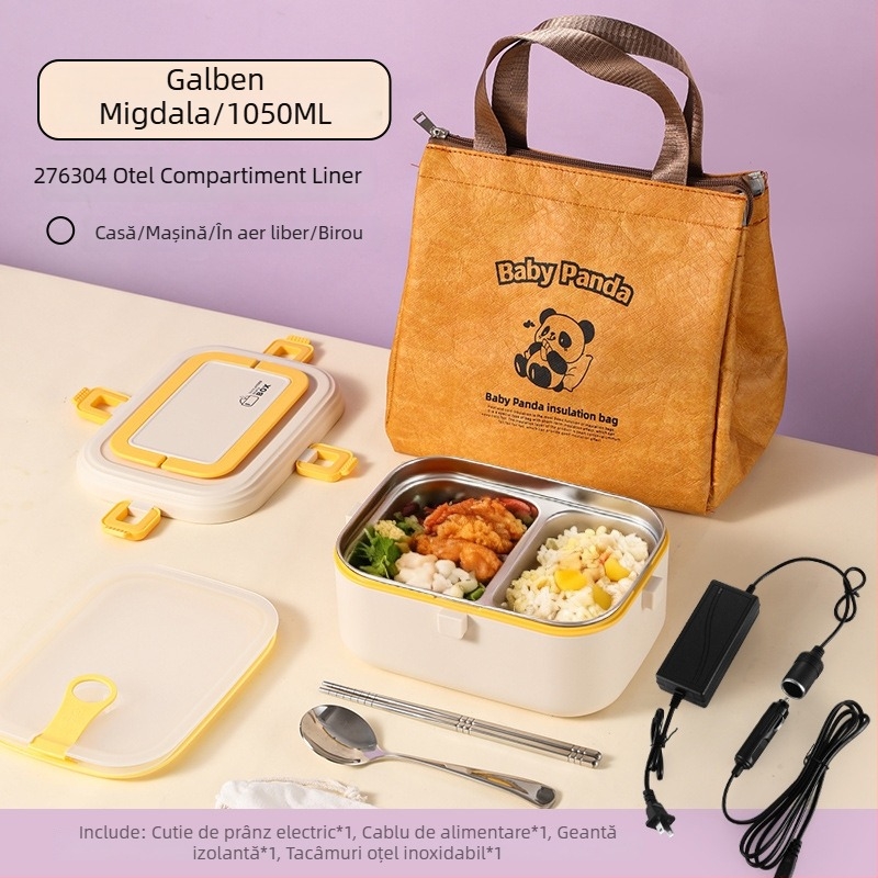 Cutie de prânz din oțel inoxidabil 304, izolată, încălzire prin conectare la priză, capacitate 0,8–1,0 L, sigilată cu grile despărțitoare