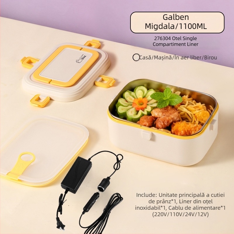 Cutie de prânz din oțel inoxidabil 304, izolată, încălzire prin conectare la priză, capacitate 0,8–1,0 L, sigilată cu grile despărțitoare