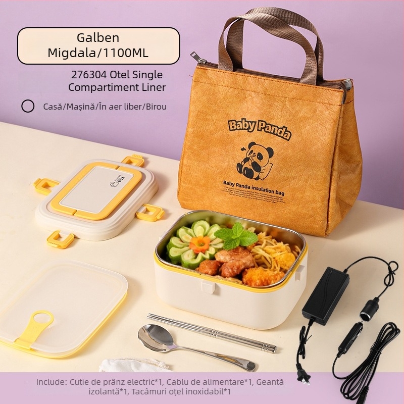 Cutie de prânz din oțel inoxidabil 304, izolată, încălzire prin conectare la priză, capacitate 0,8–1,0 L, sigilată cu grile despărțitoare