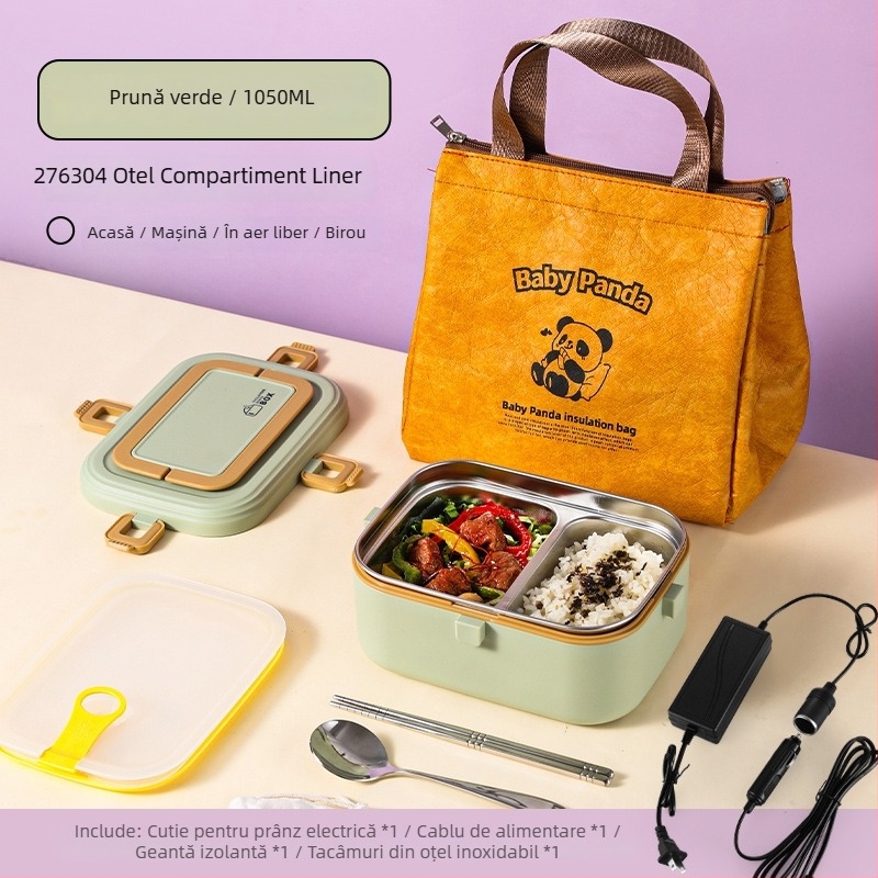 Cutie de prânz din oțel inoxidabil 304, izolată, încălzire prin conectare la priză, capacitate 0,8–1,0 L, sigilată cu grile despărțitoare