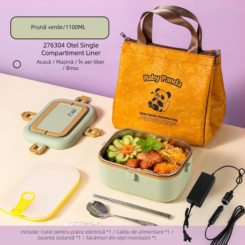 Cutie de prânz din oțel inoxidabil 304, izolată, încălzire prin conectare la priză, capacitate 0,8–1,0 L, sigilată cu grile despărțitoare