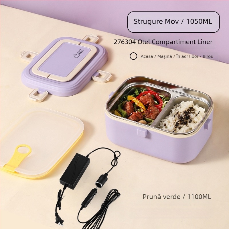 Cutie de prânz din oțel inoxidabil 304, izolată, încălzire prin conectare la priză, capacitate 0,8–1,0 L, sigilată cu grile despărțitoare