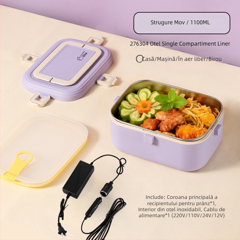Cutie de prânz din oțel inoxidabil 304, izolată, încălzire prin conectare la priză, capacitate 0,8–1,0 L, sigilată cu grile despărțitoare