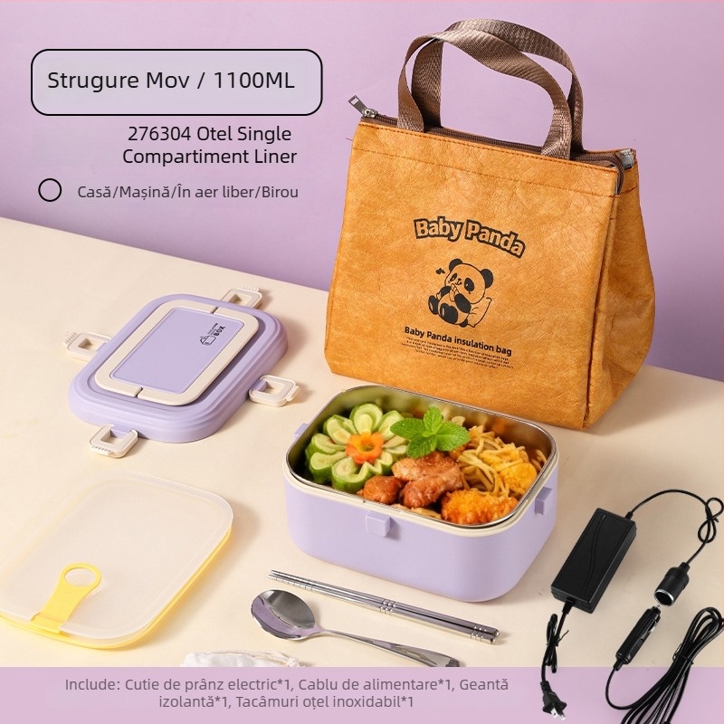 Cutie de prânz din oțel inoxidabil 304, izolată, încălzire prin conectare la priză, capacitate 0,8–1,0 L, sigilată cu grile despărțitoare