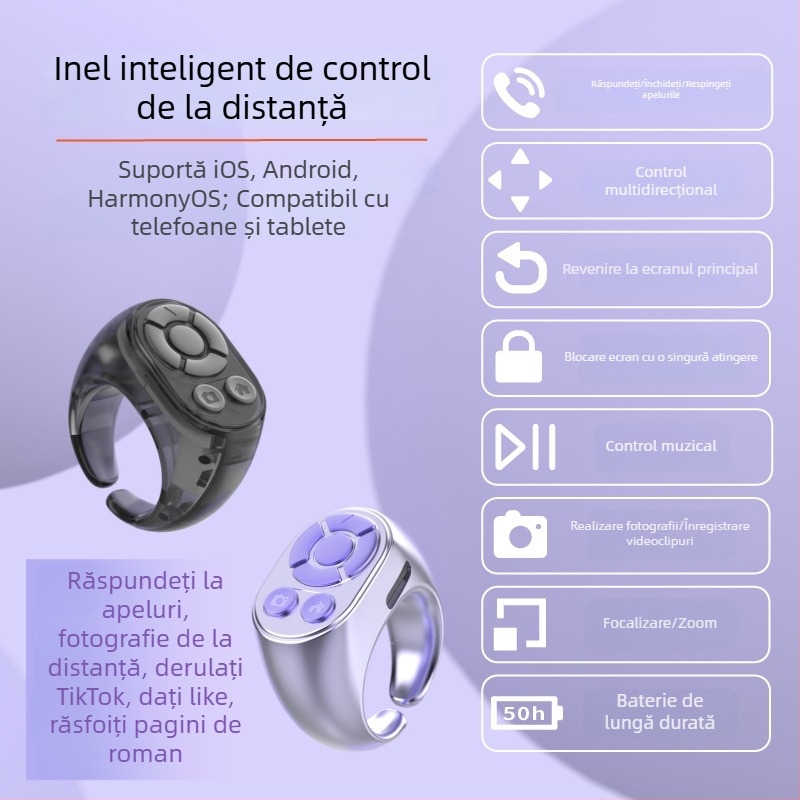 Inel Bluetooth cu telecomandă pentru selfie și videoclipuri scurte – dispozitiv pentru fotografiat și întoarcerea paginilor