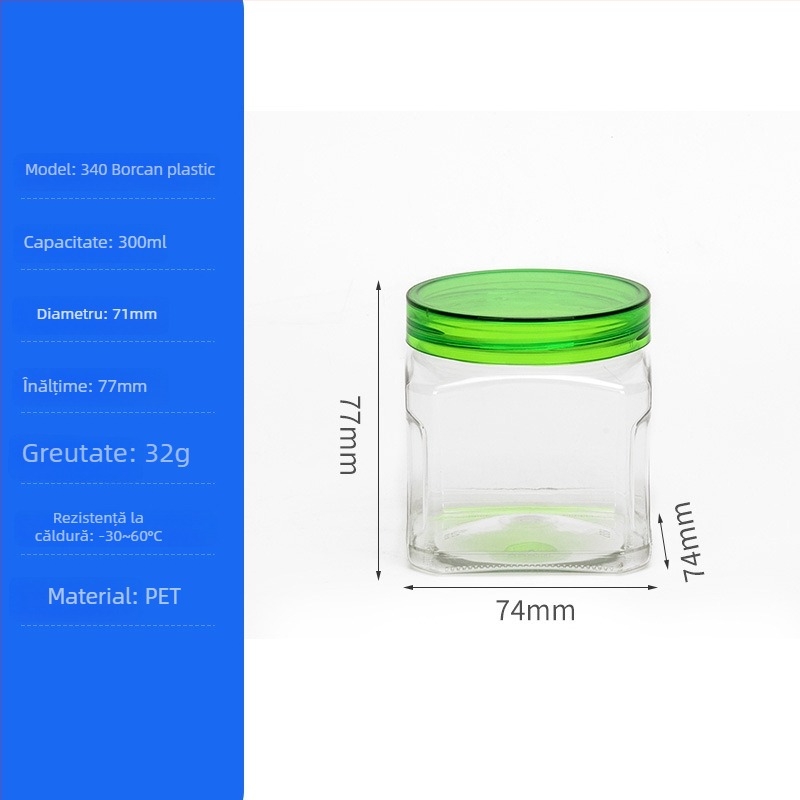 Recipient din plastic pentru alimente, PET, model 950, cu capac metalic cristal, pentru nuci și fructe uscate