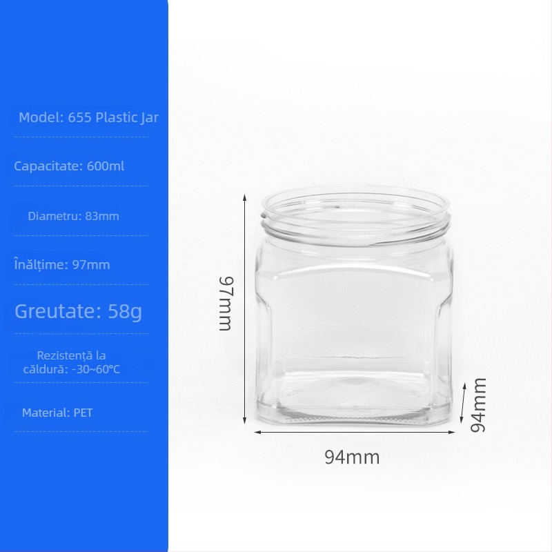 Recipient din plastic pentru alimente, PET, model 950, cu capac metalic cristal, pentru nuci și fructe uscate