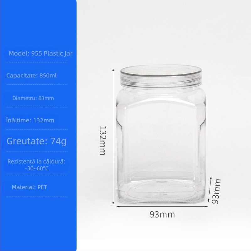 Recipient din plastic pentru alimente, PET, model 950, cu capac metalic cristal, pentru nuci și fructe uscate