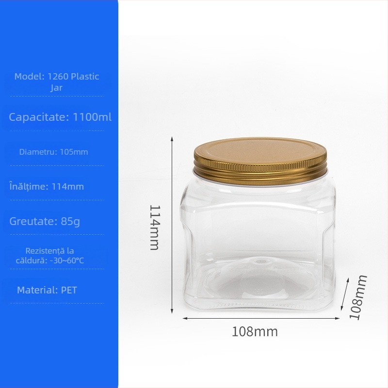 Recipient din plastic pentru alimente, PET, model 950, cu capac metalic cristal, pentru nuci și fructe uscate