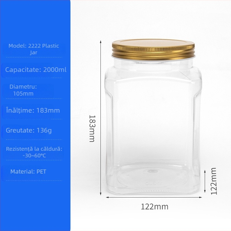 Recipient din plastic pentru alimente, PET, model 950, cu capac metalic cristal, pentru nuci și fructe uscate