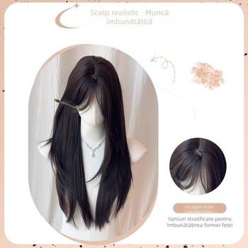 Perucă lungă, aspect natural, cu partaj în mijloc — păr drept, din mătase proteică; poate fi vopsită sau permată
