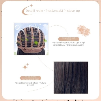 Perucă lungă, aspect natural, cu partaj în mijloc — păr drept, din mătase proteică; poate fi vopsită sau permată