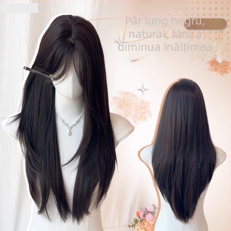 Perucă lungă, aspect natural, cu partaj în mijloc — păr drept, din mătase proteică; poate fi vopsită sau permată