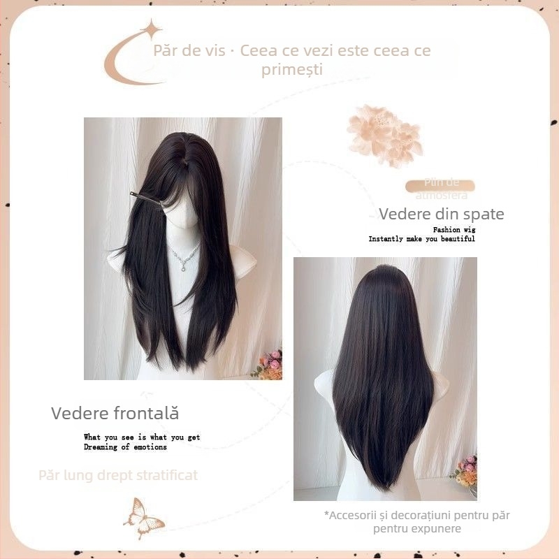 Perucă lungă, aspect natural, cu partaj în mijloc — păr drept, din mătase proteică; poate fi vopsită sau permată