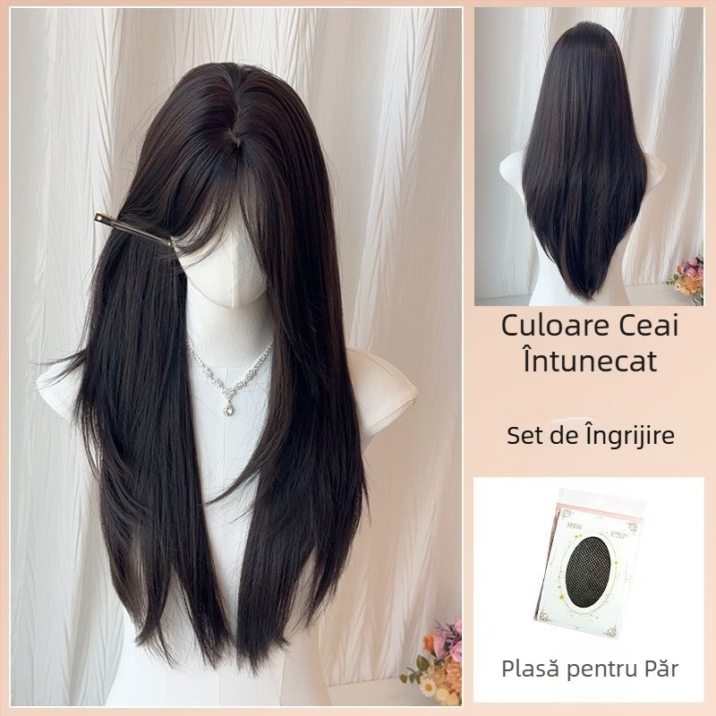 Perucă lungă, aspect natural, cu partaj în mijloc — păr drept, din mătase proteică; poate fi vopsită sau permată