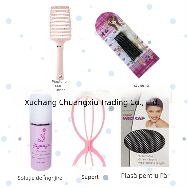 Perucă lungă, aspect natural, cu partaj în mijloc — păr drept, din mătase proteică; poate fi vopsită sau permată