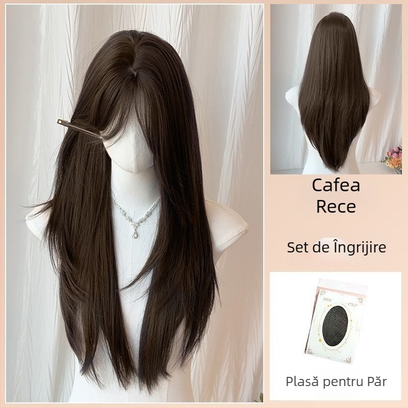 Perucă lungă, aspect natural, cu partaj în mijloc — păr drept, din mătase proteică; poate fi vopsită sau permată