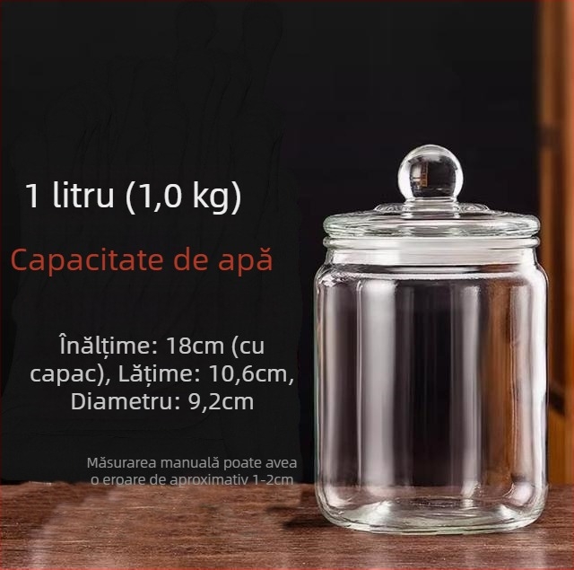 Borcan din sticlă sigilat pentru depozitare alimentară, rotund, rezistent la umiditate, compatibil cu microunde, pentru frunze de ceai, cereale, miere și coajă uscată de mandarină