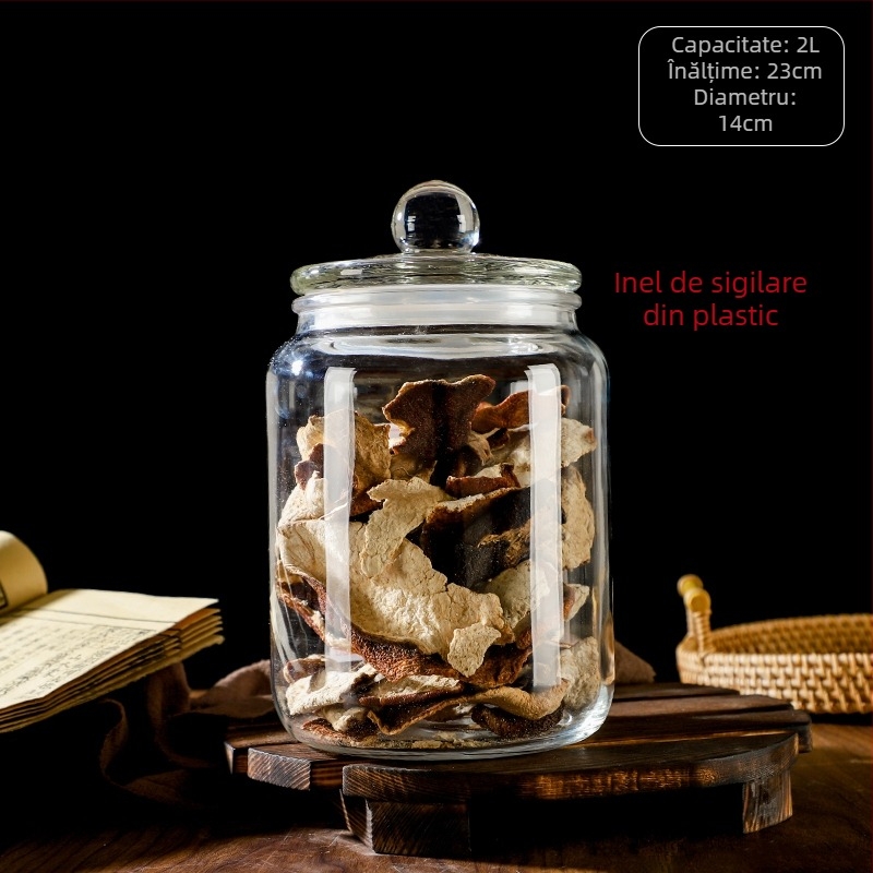 Borcan din sticlă sigilat pentru depozitare alimentară, rotund, rezistent la umiditate, compatibil cu microunde, pentru frunze de ceai, cereale, miere și coajă uscată de mandarină