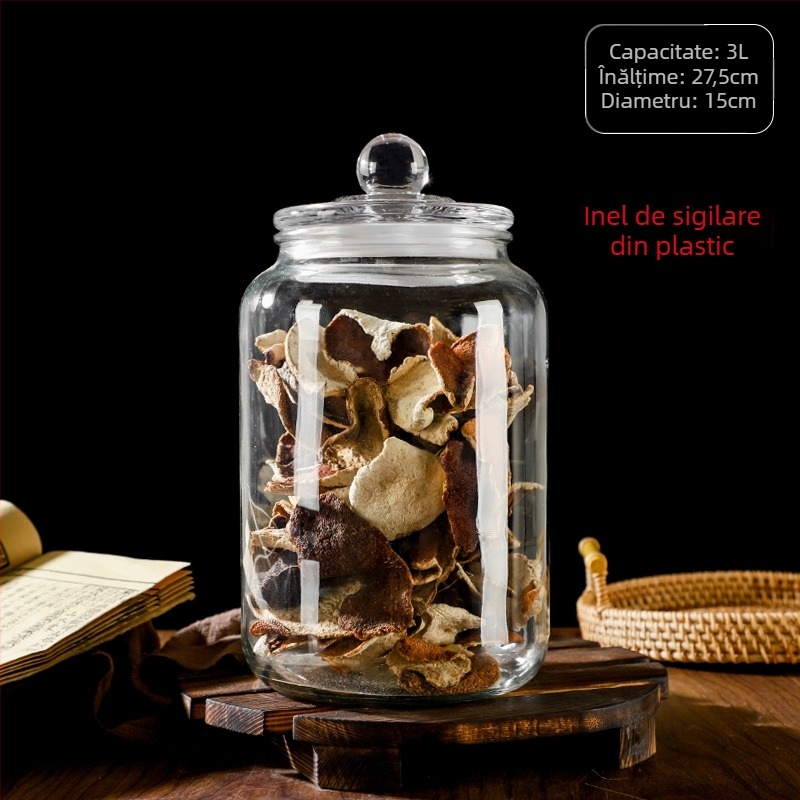 Borcan din sticlă sigilat pentru depozitare alimentară, rotund, rezistent la umiditate, compatibil cu microunde, pentru frunze de ceai, cereale, miere și coajă uscată de mandarină