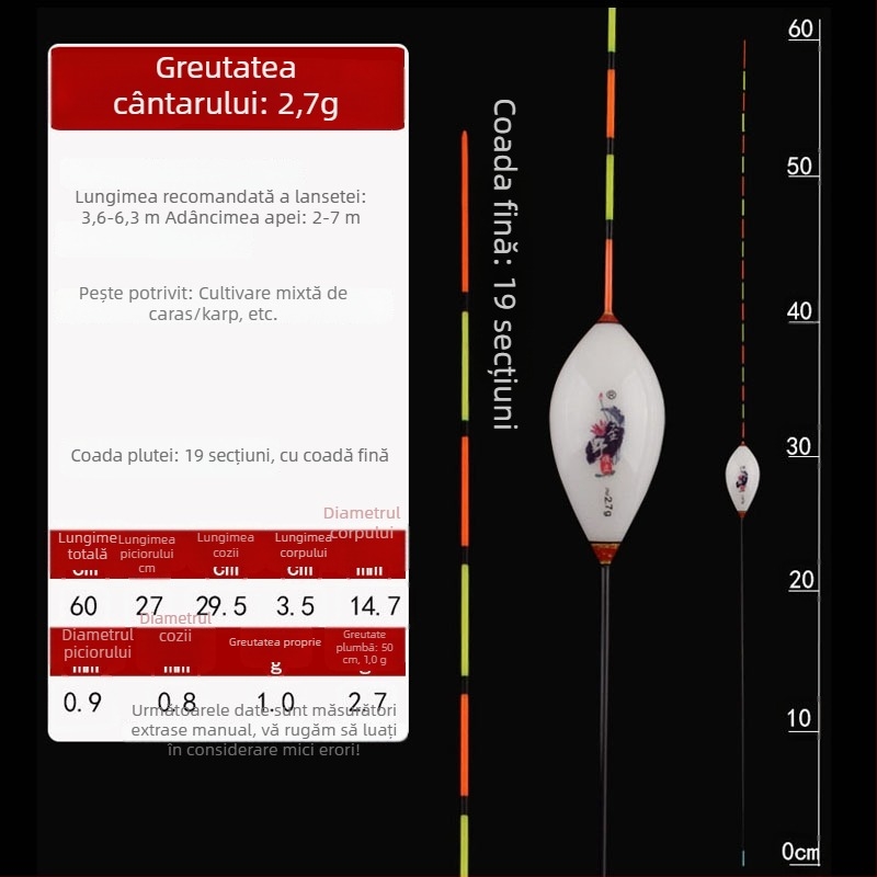 Plută de pescuit cu drift vertical — Yueyang threesome, material compozit, coadă subțire