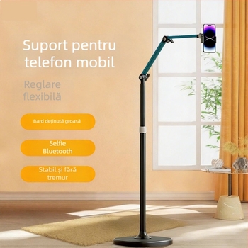 Suport pentru telefon pentru overhead, cu bază pe podea, anti-șoc, din aliaj de aluminiu, pentru live streaming și filmări vlog