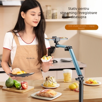 Suport pentru telefon pentru overhead, cu bază pe podea, anti-șoc, din aliaj de aluminiu, pentru live streaming și filmări vlog