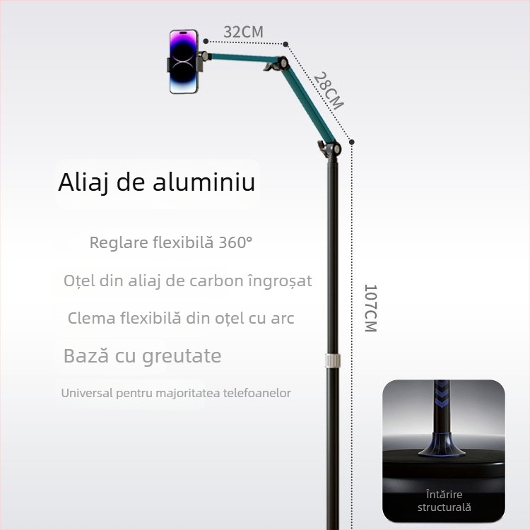 Suport pentru telefon pentru overhead, cu bază pe podea, anti-șoc, din aliaj de aluminiu, pentru live streaming și filmări vlog
