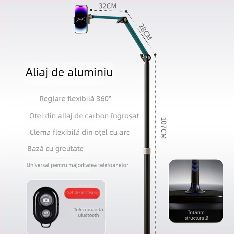 Suport pentru telefon pentru overhead, cu bază pe podea, anti-șoc, din aliaj de aluminiu, pentru live streaming și filmări vlog