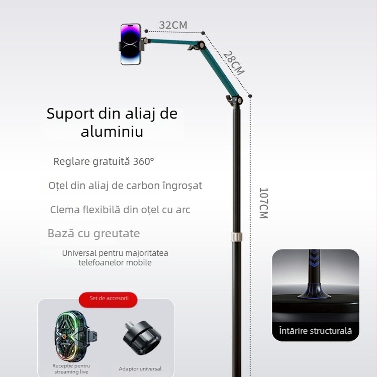 Suport pentru telefon pentru overhead, cu bază pe podea, anti-șoc, din aliaj de aluminiu, pentru live streaming și filmări vlog