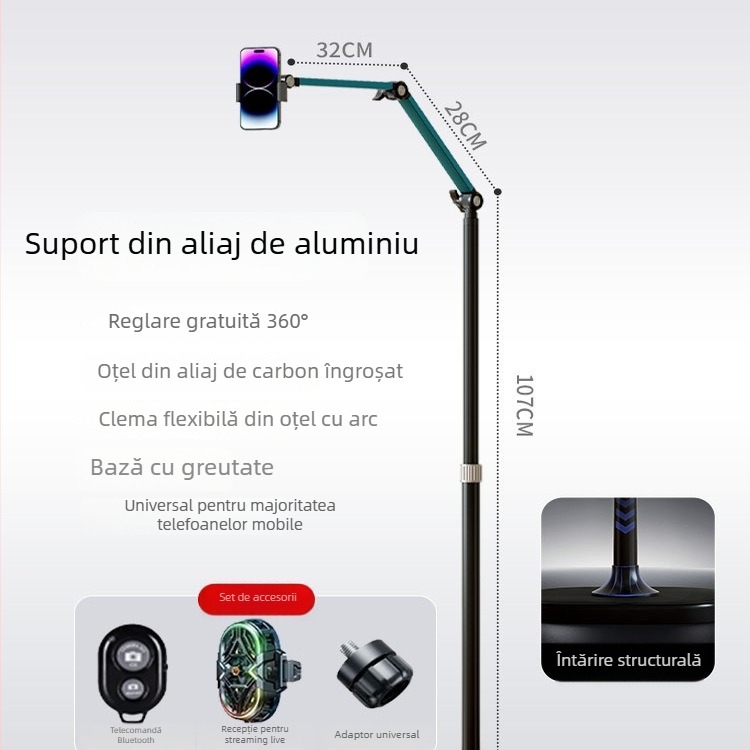 Suport pentru telefon pentru overhead, cu bază pe podea, anti-șoc, din aliaj de aluminiu, pentru live streaming și filmări vlog