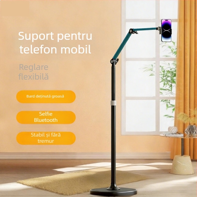 Suport pentru telefon pentru overhead, cu bază pe podea, anti-șoc, din aliaj de aluminiu, pentru live streaming și filmări vlog