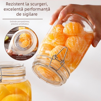 Borcan din sticlă pentru depozitare cu capac cu clips, de calitate alimentară, transparent, rotund, 800–1000 ml, logo tipărit