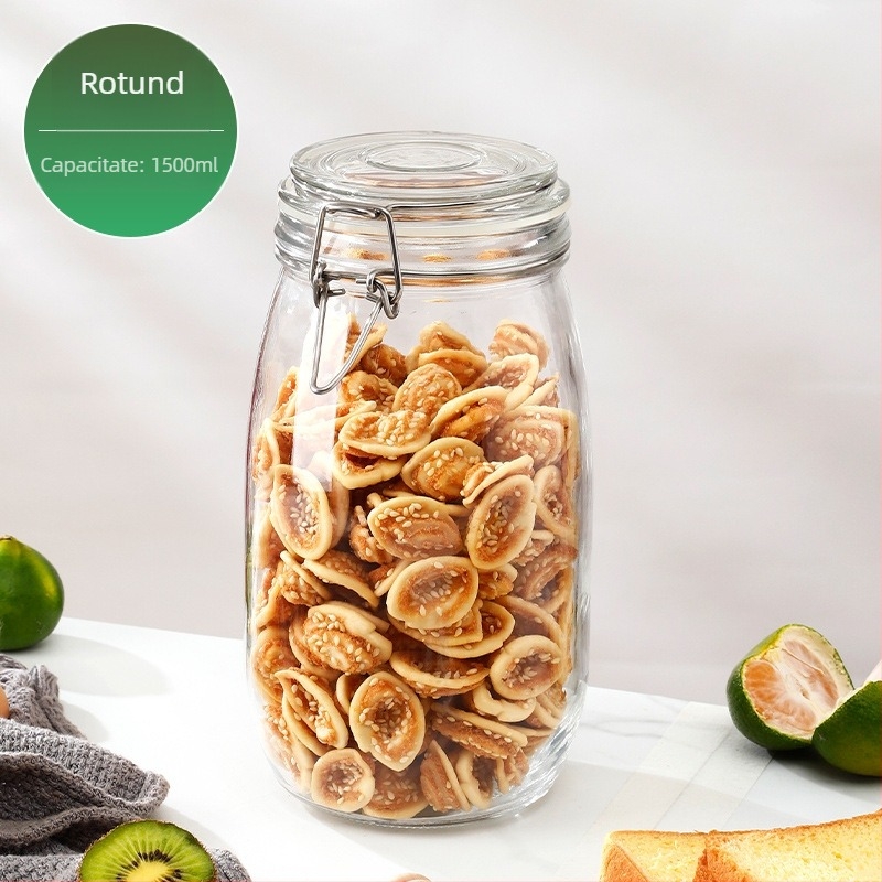 Borcan din sticlă pentru depozitare cu capac cu clips, de calitate alimentară, transparent, rotund, 800–1000 ml, logo tipărit