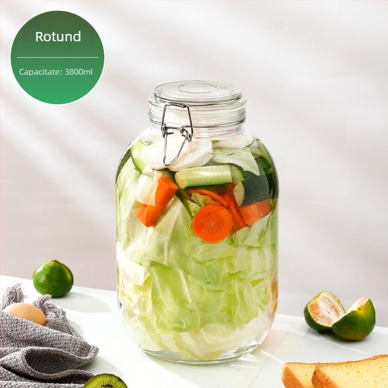 Borcan din sticlă pentru depozitare cu capac cu clips, de calitate alimentară, transparent, rotund, 800–1000 ml, logo tipărit