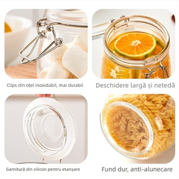 Recipient din sticlă pentru depozitare cu capac – rotund, 800–1000 ml, stil modern minimalist, Hanlin